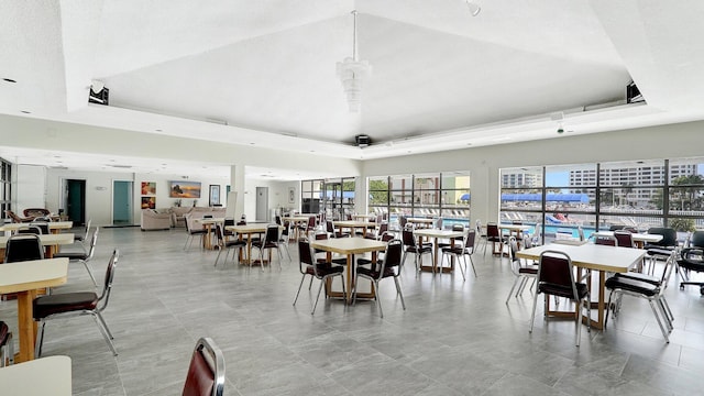 dining room featuring a healthy amount of sunlight and a raised ceiling