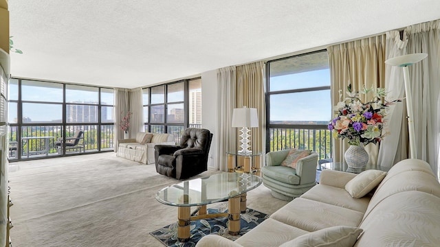 living room with carpet floors, expansive windows, and a healthy amount of sunlight