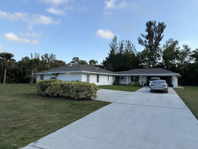 single story home with a garage and a front yard