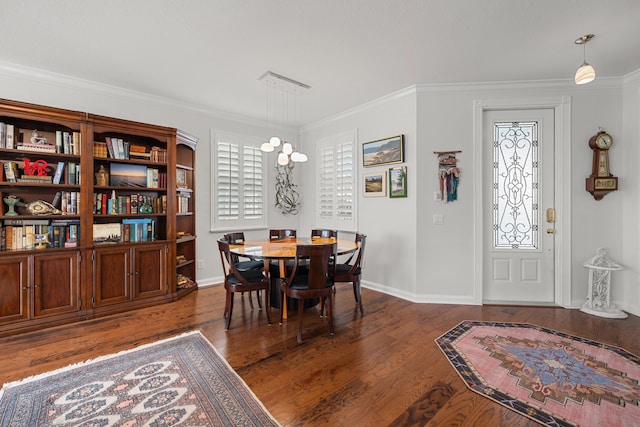 dining space featuring crown molding, a healthy amount of sunlight, and dark hardwood / wood-style floors