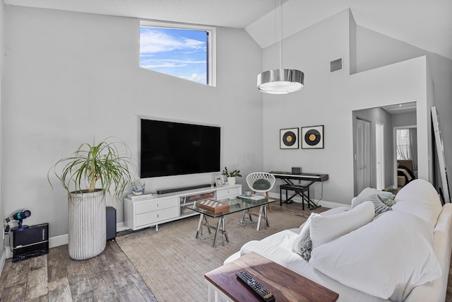 living room with wood-type flooring and high vaulted ceiling