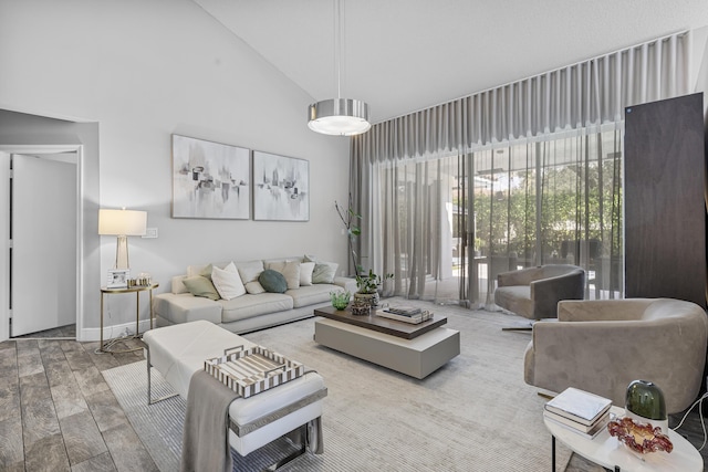 living room featuring high vaulted ceiling and light hardwood / wood-style flooring