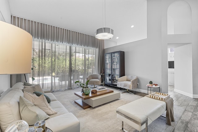 living room with a high ceiling and light hardwood / wood-style flooring