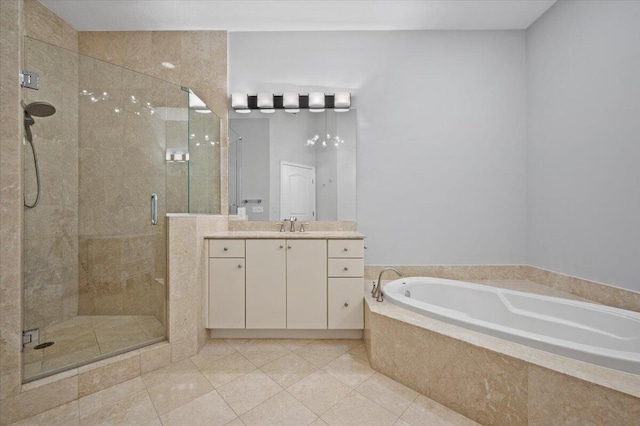 bathroom with vanity, separate shower and tub, and tile patterned flooring