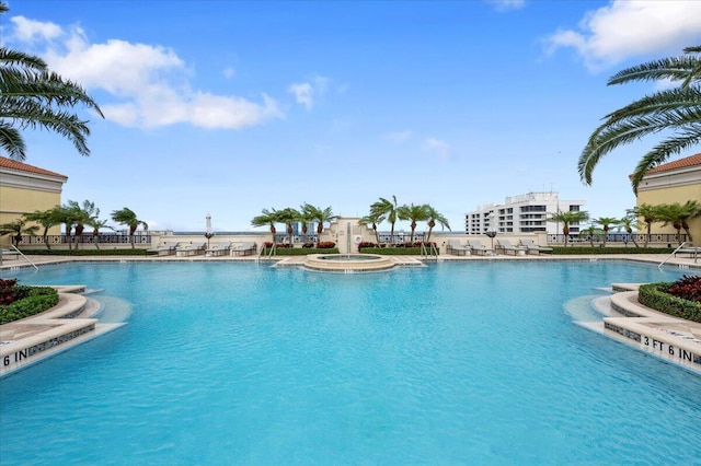 view of pool with a water view