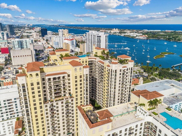 drone / aerial view with a water view