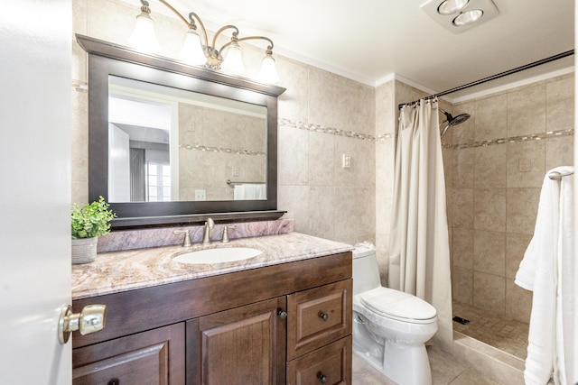 3021 Ventnor Cres, Deerfield Beach, FL 33442 - bathroom featuring toilet, vanity, tiled shower, tile patterned floors, and tile walls
