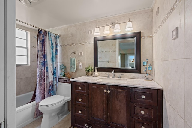 full bathroom featuring tile walls, tile patterned flooring, vanity, toilet, and shower / bath combo with shower curtain