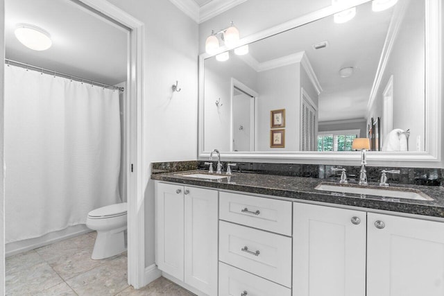 full bathroom featuring vanity, ornamental molding, shower / bath combination with curtain, tile patterned floors, and toilet