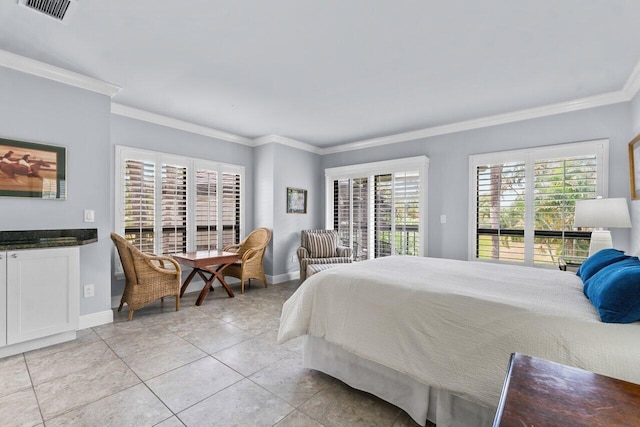 bedroom featuring multiple windows, crown molding, light tile patterned floors, and access to exterior