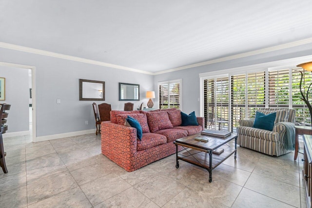 living room featuring crown molding and light tile patterned floors