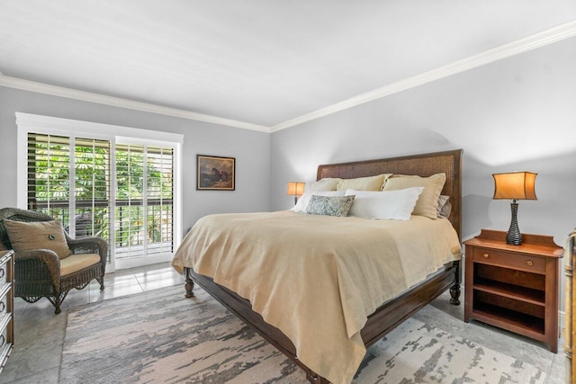 bedroom with access to exterior and ornamental molding