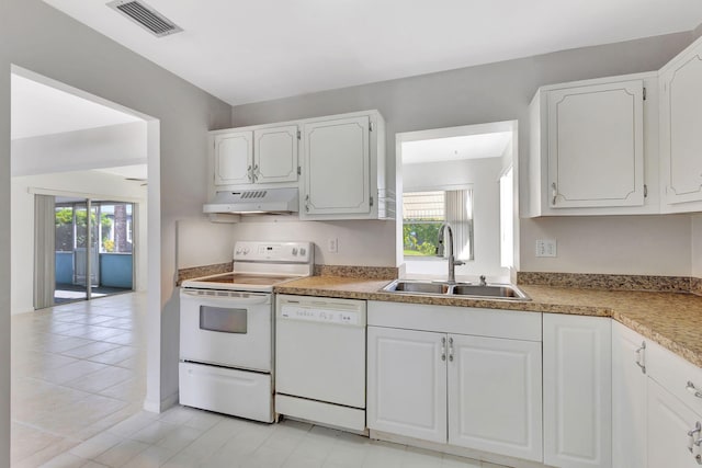 kitchen featuring white cabinetry, sink, white appliances, and plenty of natural light