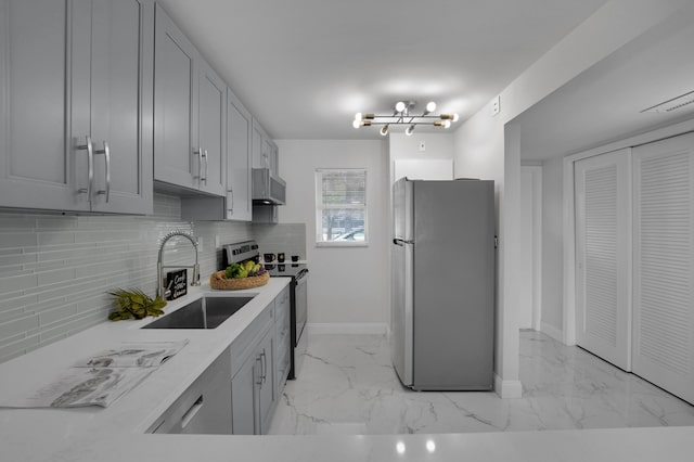 kitchen featuring sink, gray cabinetry, wall chimney range hood, stainless steel appliances, and backsplash