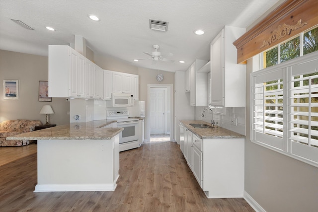 kitchen featuring white cabinetry, white appliances, kitchen peninsula, and sink