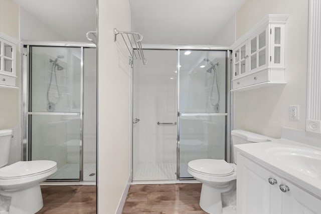 bathroom featuring walk in shower, vanity, and toilet