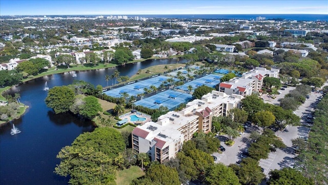 drone / aerial view with a water view