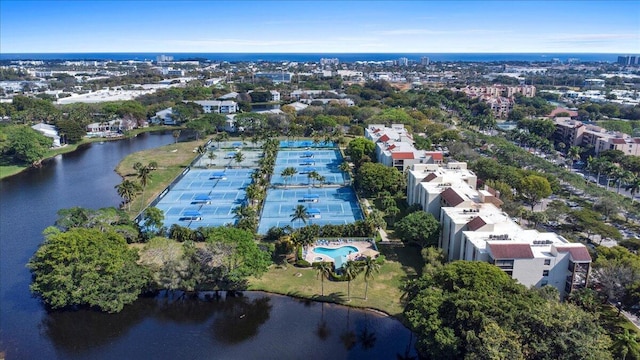 drone / aerial view with a water view