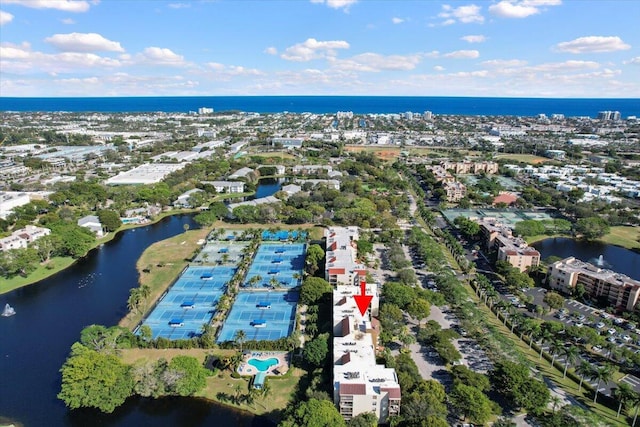 aerial view featuring a water view