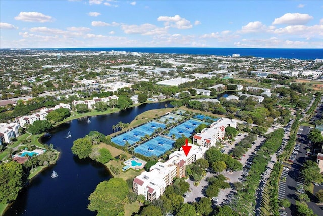 aerial view featuring a water view