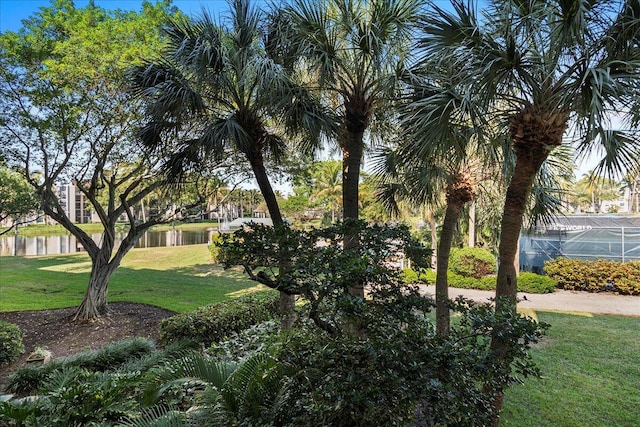 view of community with a lawn and a water view