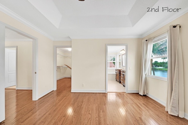 unfurnished bedroom featuring ornamental molding, a spacious closet, a raised ceiling, and light wood-type flooring