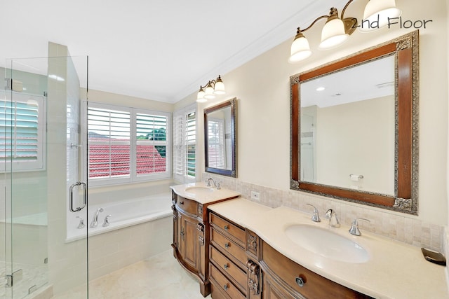 bathroom with backsplash, vanity, ornamental molding, plus walk in shower, and tile patterned floors