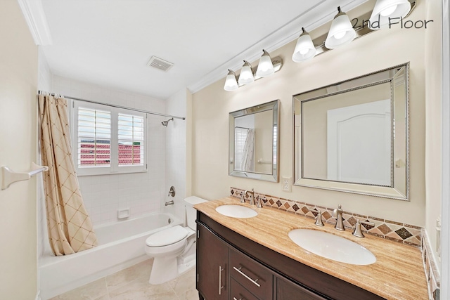 full bathroom featuring toilet, crown molding, vanity, shower / bath combination with curtain, and tile patterned flooring