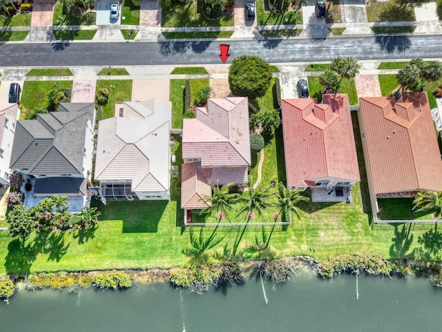 drone / aerial view featuring a water view