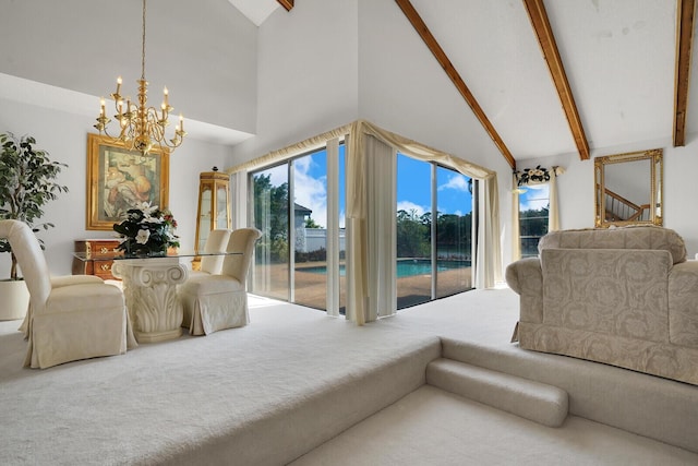 bedroom featuring access to exterior, high vaulted ceiling, beamed ceiling, and carpet