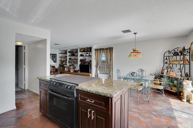 kitchen with black electric range oven, dark brown cabinets, light stone countertops, a textured ceiling, and decorative light fixtures