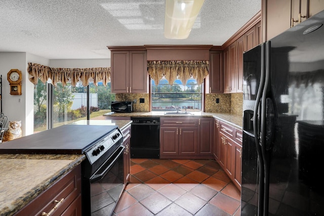 kitchen with tasteful backsplash, plenty of natural light, and black appliances