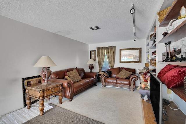 living room featuring track lighting and a textured ceiling