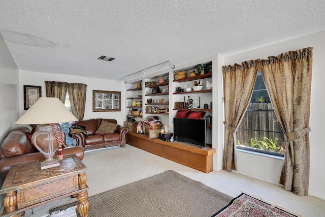 carpeted living room with rail lighting and a textured ceiling