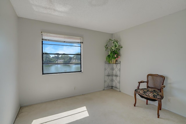 unfurnished room featuring light colored carpet, a textured ceiling, and a water view