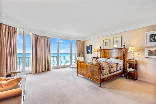 carpeted bedroom featuring a water view, ornamental molding, and access to outside