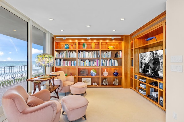 living area featuring carpet flooring, built in shelves, and a water view