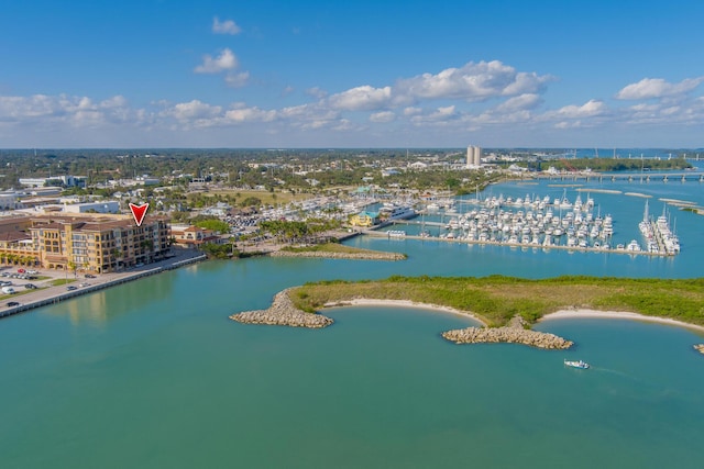 drone / aerial view with a water view