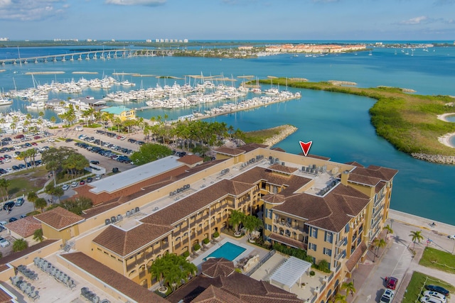 drone / aerial view with a water view