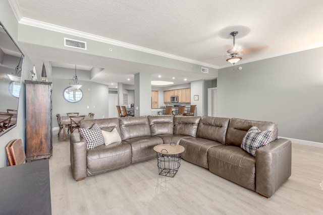 living room with crown molding, light hardwood / wood-style flooring, and a textured ceiling