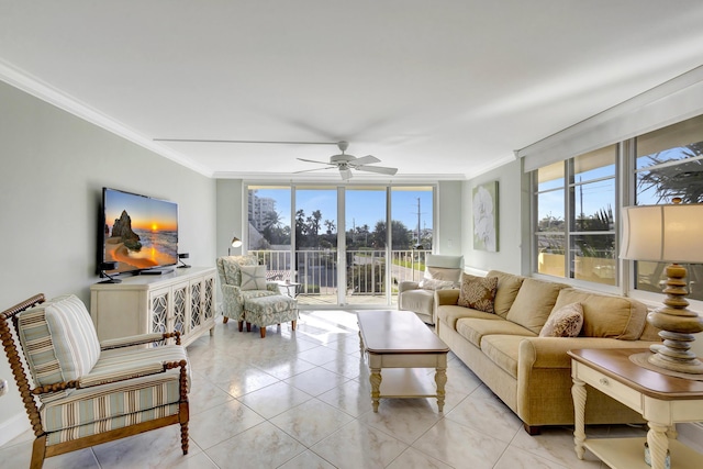 tiled living room with crown molding, floor to ceiling windows, and ceiling fan