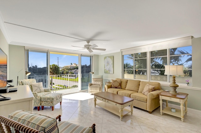 tiled living room with crown molding, floor to ceiling windows, and ceiling fan