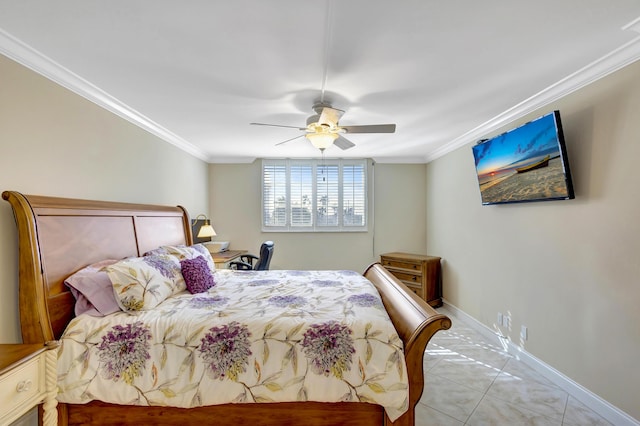 bedroom with ceiling fan, ornamental molding, and light tile patterned floors