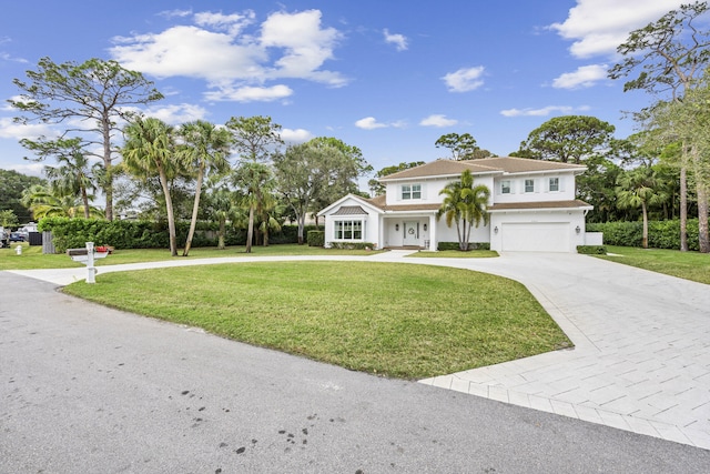 mediterranean / spanish house featuring a garage and a front lawn