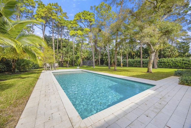 view of pool featuring a lawn