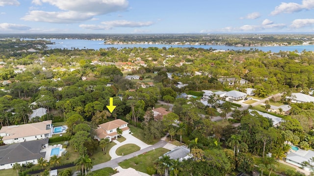 drone / aerial view with a water view