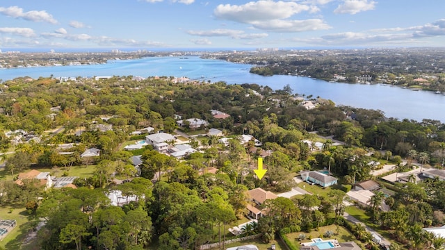 drone / aerial view with a water view