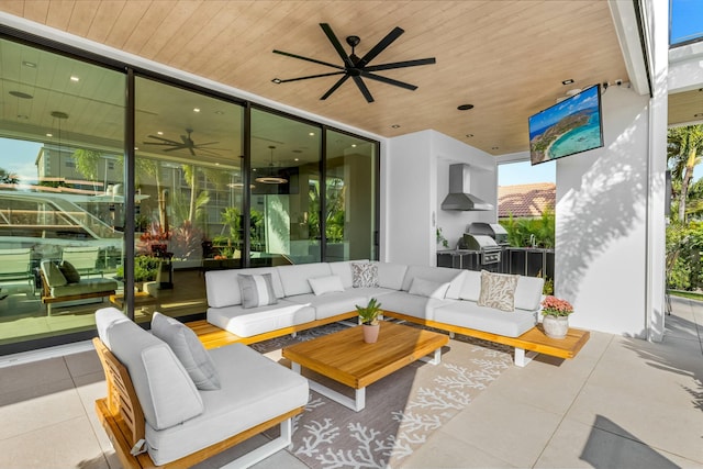 view of patio with an outdoor hangout area, a grill, and a ceiling fan