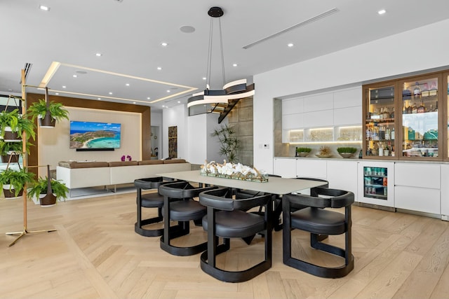 dining room with recessed lighting and wine cooler