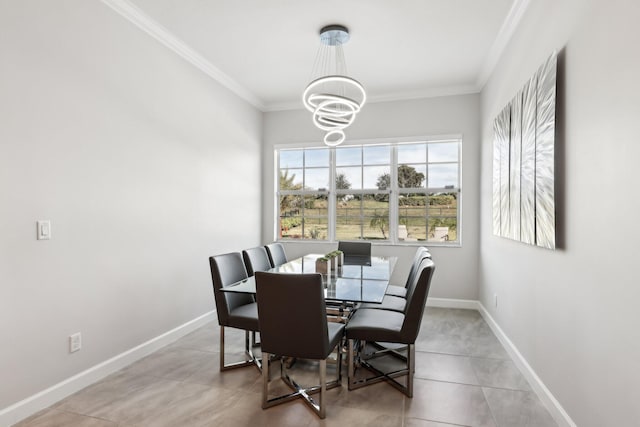 tiled dining room featuring ornamental molding and a notable chandelier